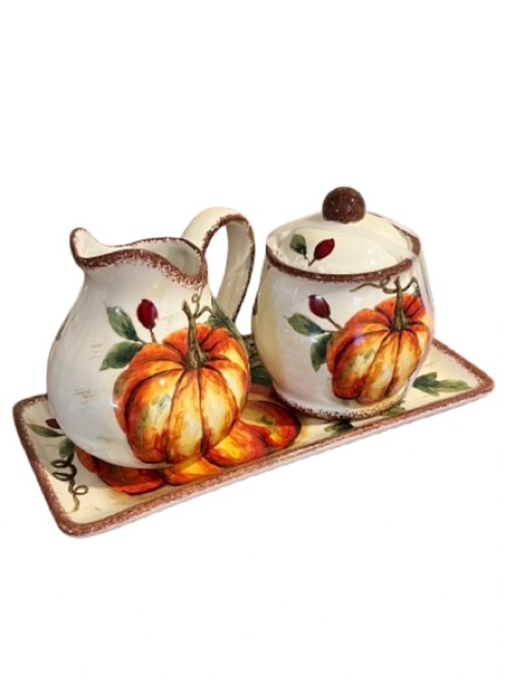 🆕-Maxcera-Set/3 Harvest Pumpkin Autumn Ceramic Sugar & Creamer w/Serving 
Tray